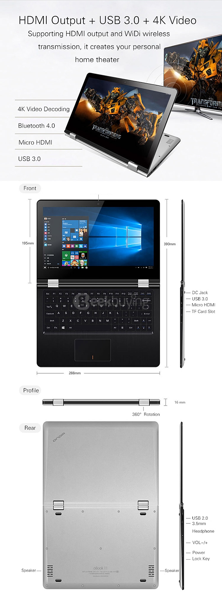 Onda oBook 11 Ultrabook Laptop 11.6 inch Windows10 2GB/32GB Intel Cherry Trail Z8300 Quad Core 1.84GHz IPS 1920*1080 - Silver