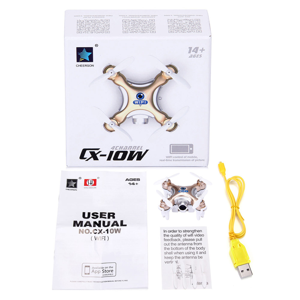Cheerson CX-10W CX10W Mini Wifi FPV 0.3MP Camera LED 3D Flip 2.4G 4CH 6 Axis RC Quadcopter BNF Without Transmitter - Gold