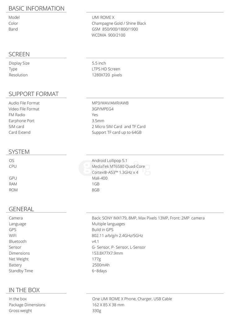 UMI ROME X 5.5inch 2.5D HD Screen MT6580 Quad Core Smartphone Android 5.1 1GB RAM 8GB ROM 13.0MP+2.0MP - Gold