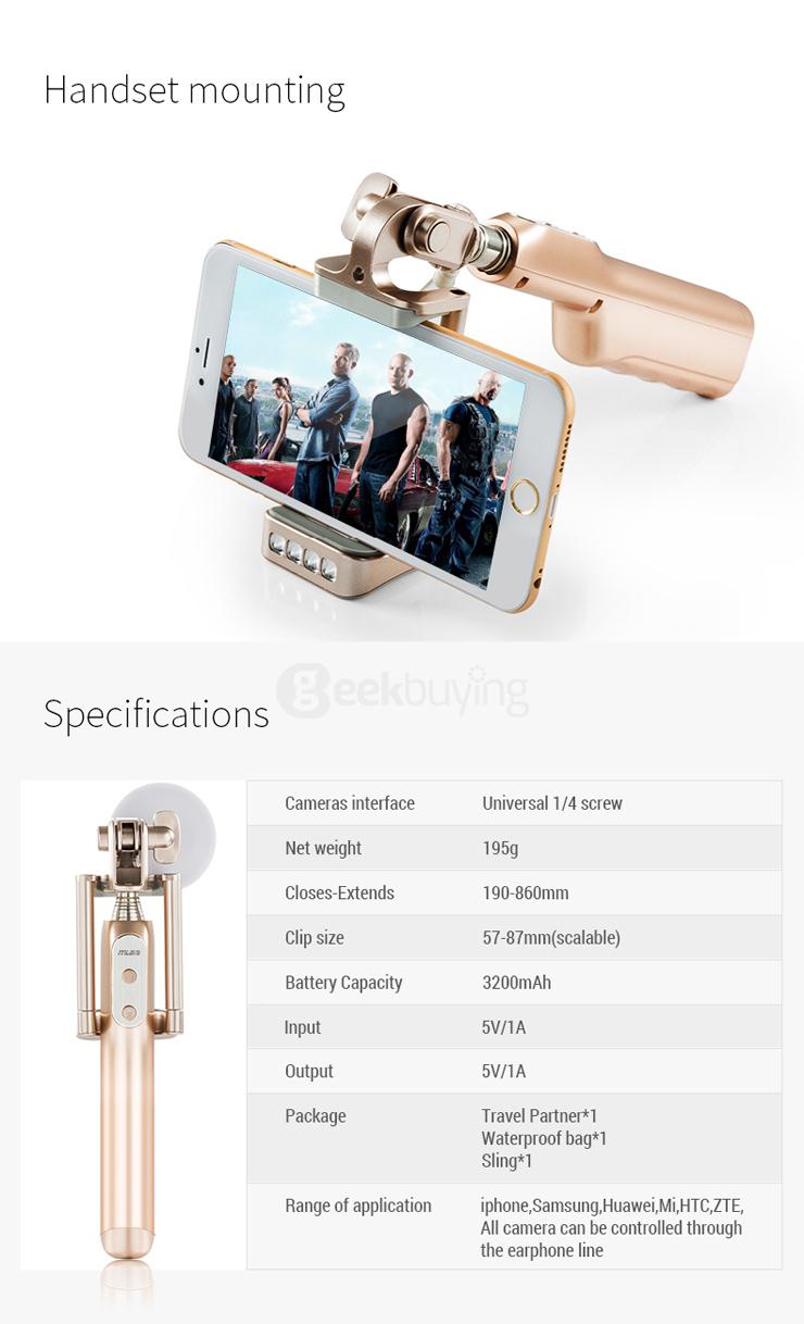 Mlais Travel Wire Control Selfie Stick Self Timer Monopod 3200mAh Power Bank