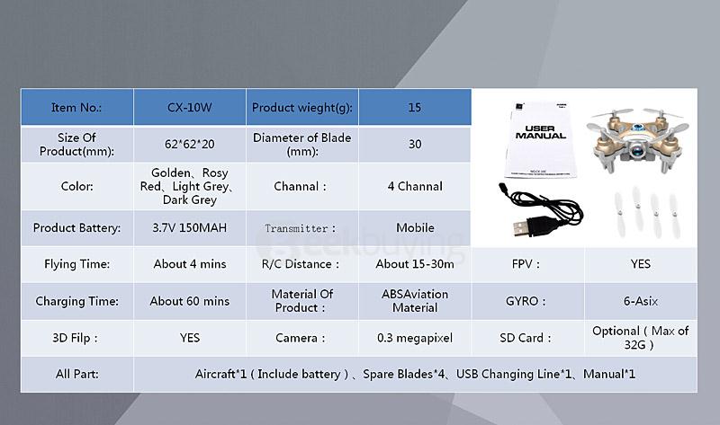 Cheerson CX-10W CX10W Mini Wifi FPV 0.3MP Camera LED 3D Flip 2.4G 4CH 6 Axis RC Quadcopter BNF - Light Gra