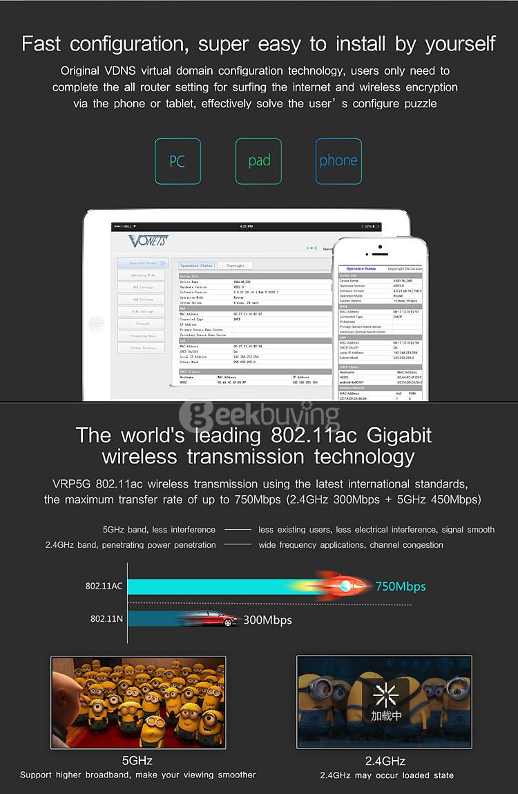 Vonets VRP5G WiFi Signal Amplifier 750Mbps 2.4GHz/5GHz Dual Band 802.11AC Repeater - EU PLUG