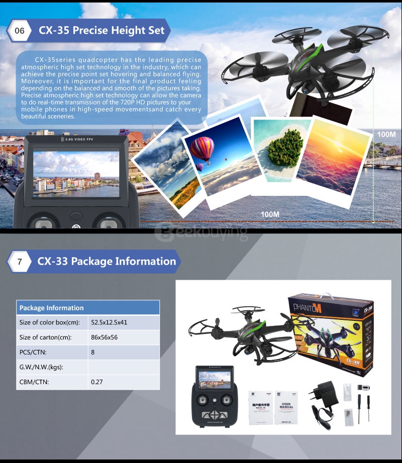 Cheerson CX-35 FPV 2.0MP 720P HD Camera 5.8G Video Transmission Altitude Hold 2.4G 6-Axis RC Quadcopter - Black + Orange