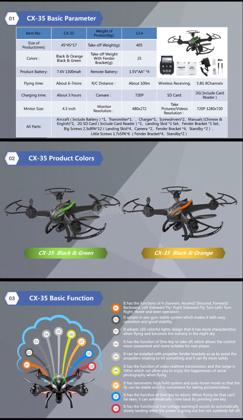 Cheerson CX-35 FPV 2.0MP 720P HD Camera 5.8G Video Transmission Altitude Hold 2.4G 6-Axis RC Quadcopter - Black + Orange