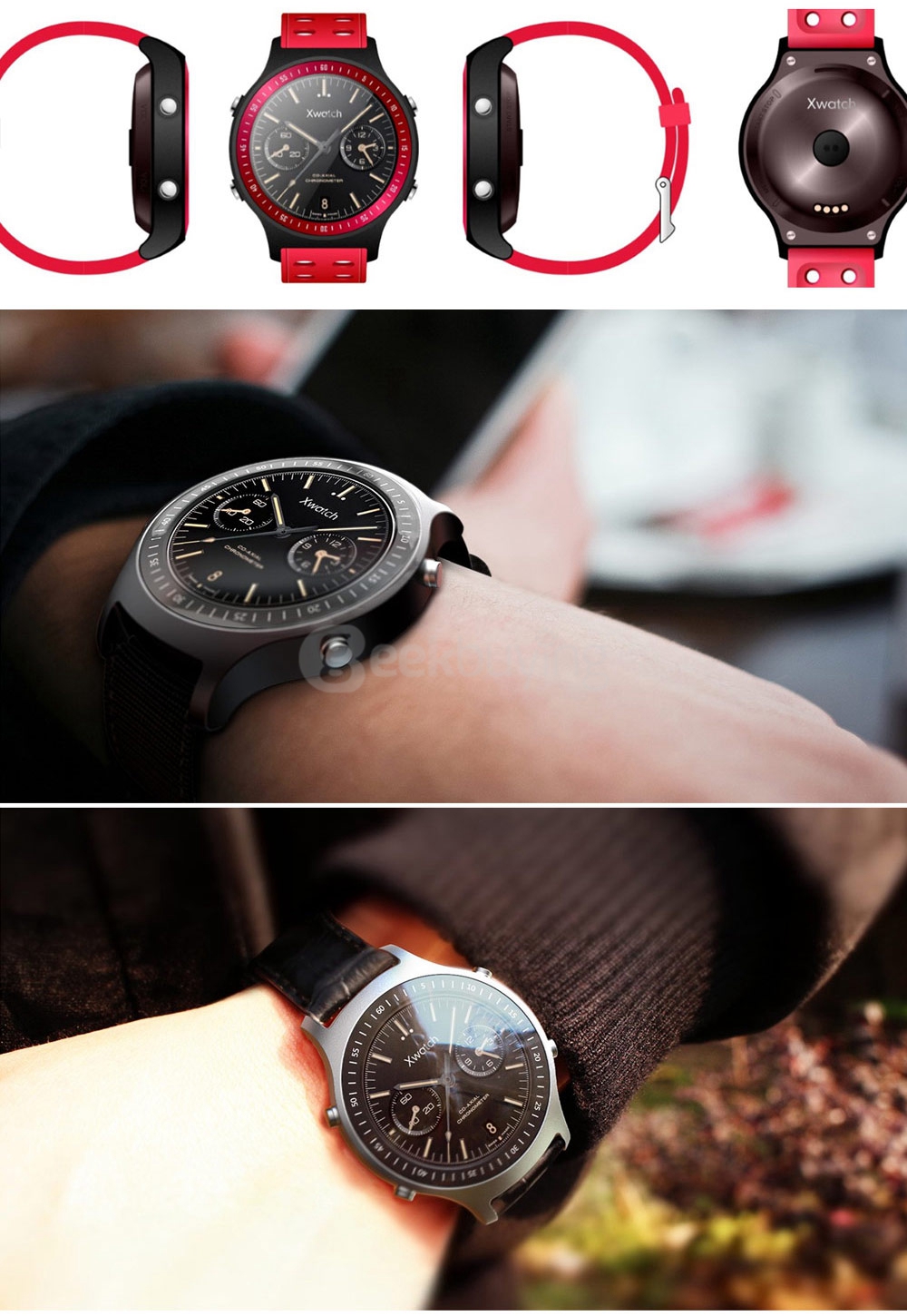 BLUBOO XWATCH Android Wear Smartwatch MTK2601 Bluetooth 4.1 IP67 Sports Smart Watch With Heart Rate Monitor GPS Compass - Black