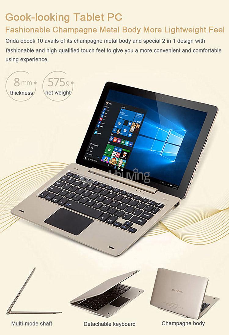 Onda oBook 10 2in1 Tablet 10.1 inch Windows10 4GB/64GB Intel Cherry Trail Z8300 Quad Core 1.84GHz IPS 1280*800 - Gold