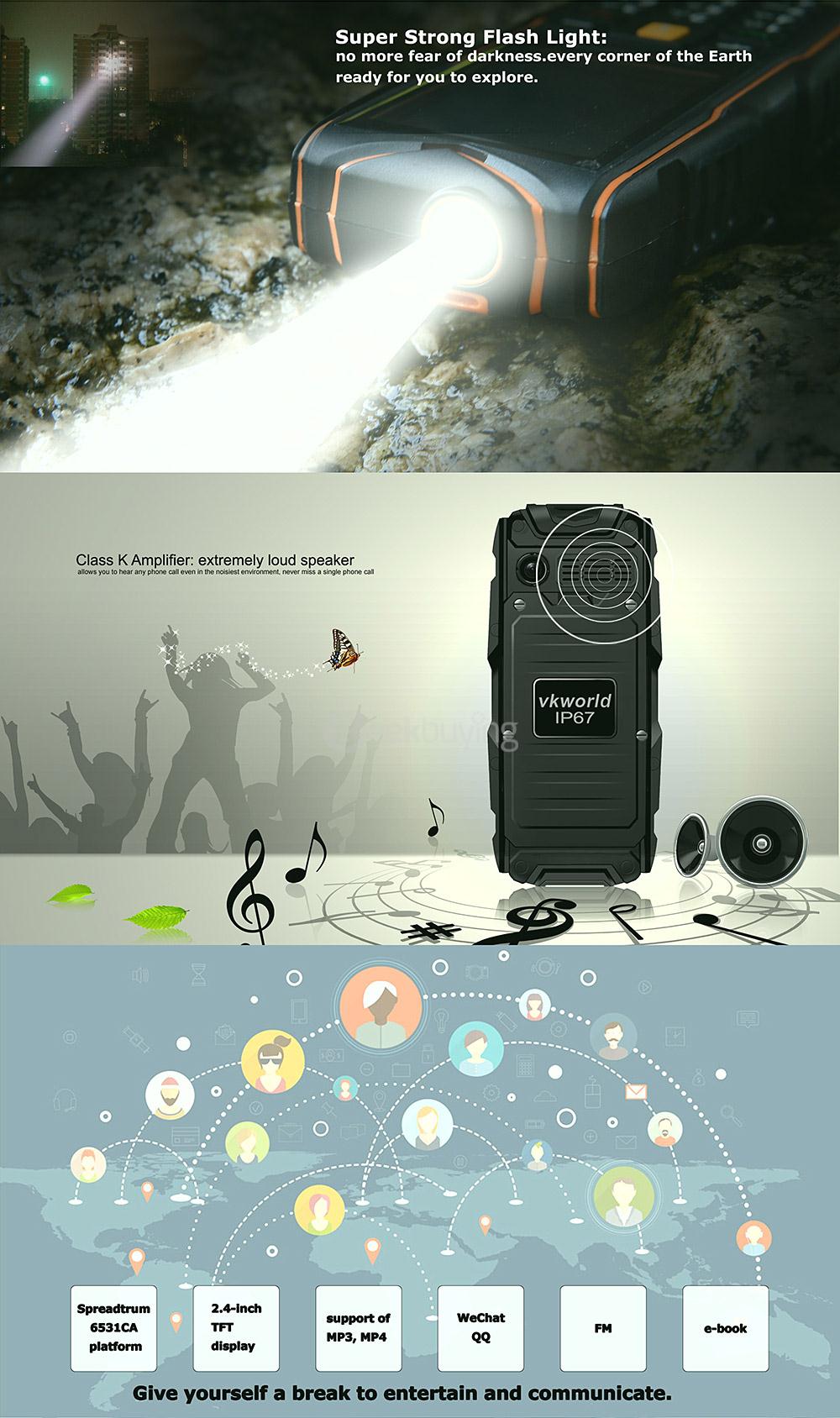 VKworld Stone V3 5200mAh Battery IP67 Waterproof Phone Dustproof Shockproof Flashlight FM Dual SIM Cards GSM Cell Phone - Orange