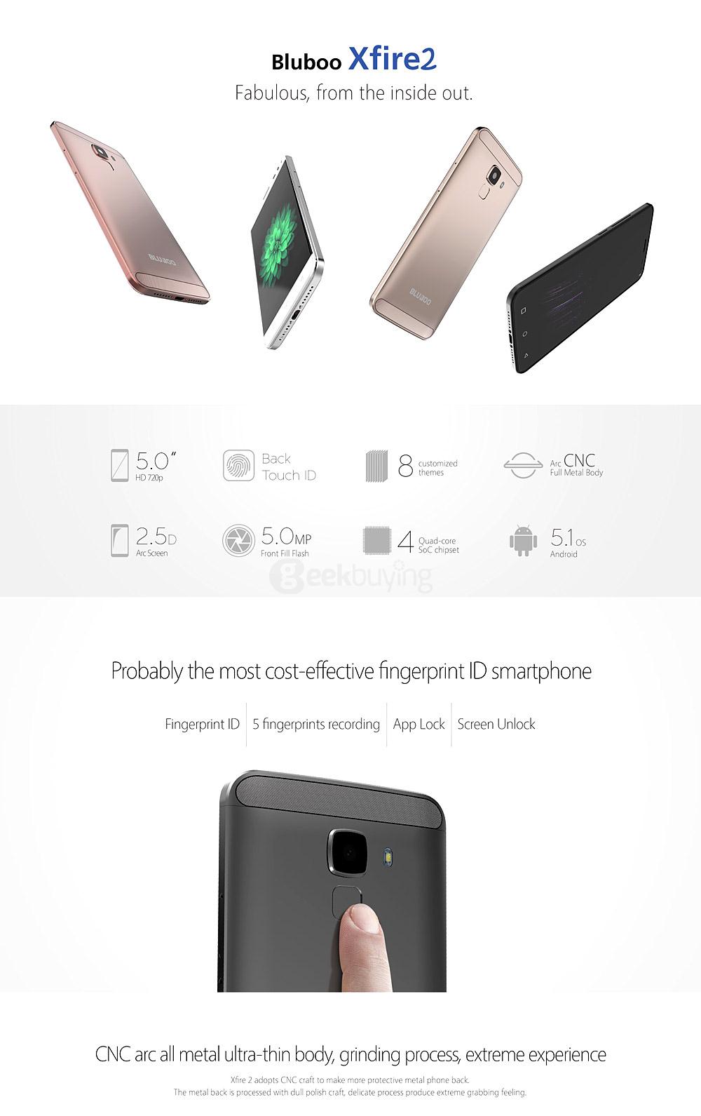 BLUBOO Xfire 2 5.0inch 2.5D IPS HD Screen 3G Smartphone Android 5.1 1GB 8GB MTK6580 1.2GHz Quad Core 8.0MP Touch ID - Rose Gold