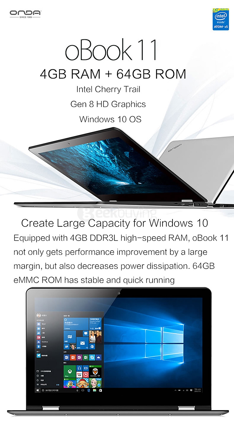 Onda oBook 11 Ultrabook Laptop 11.6 inch Windows10 2GB/32GB Intel Cherry Trail Z8300 Quad Core 1.84GHz IPS 1920*1080 - Silver