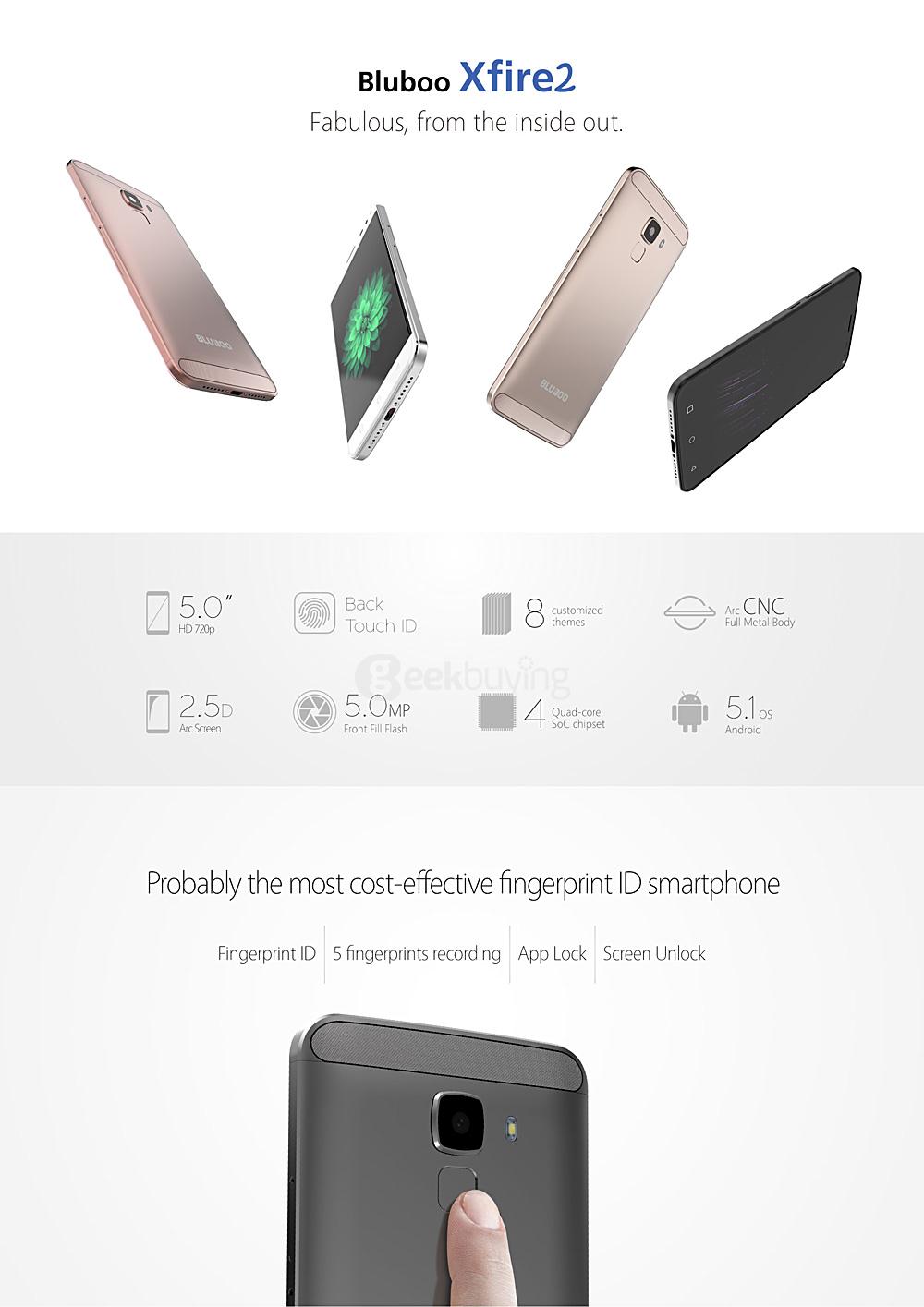 BLUBOO Xfire 2 5.0inch 2.5D IPS HD Screen 3G Smartphone Android 5.1 1GB 8GB MTK6580 1.2GHz Quad Core 8.0MP Touch ID - White