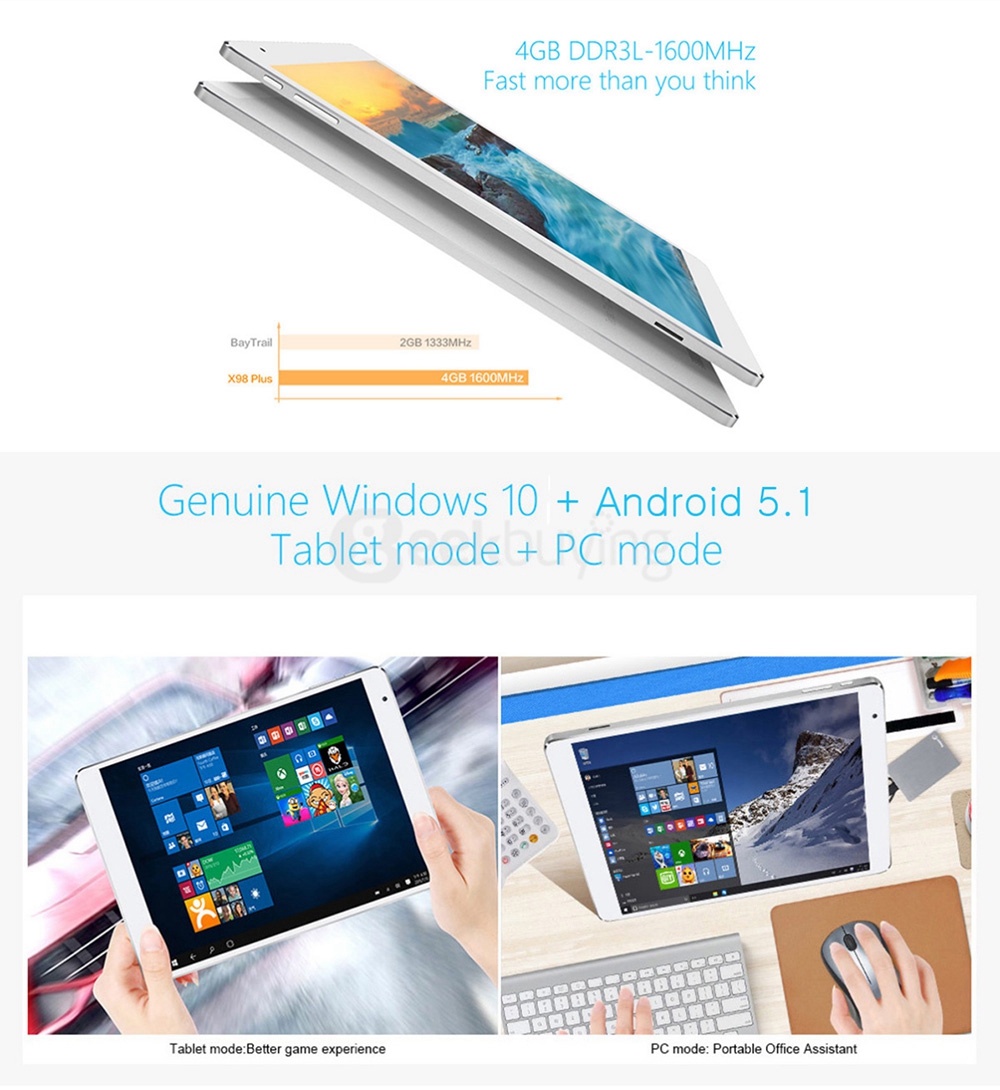 Teclast X98 Plus Dual OS Windows10 + Android 5.1 4GB/64GB 9.7 inch Tablet PC Intel Cherry Trail Z8300 Quad Core 1.84GHz IPS 2048*1536 HDMI - White