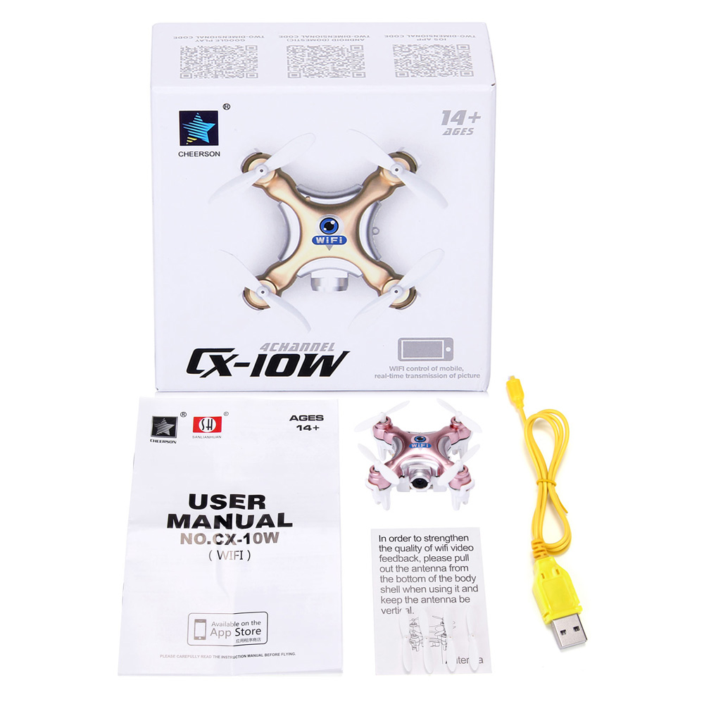 Cheerson CX-10W CX10W Mini Wifi FPV 0.3MP Camera LED 3D Flip 2.4G 4CH 6 Axis RC Quadcopter BNF Without Transmitter - Rose