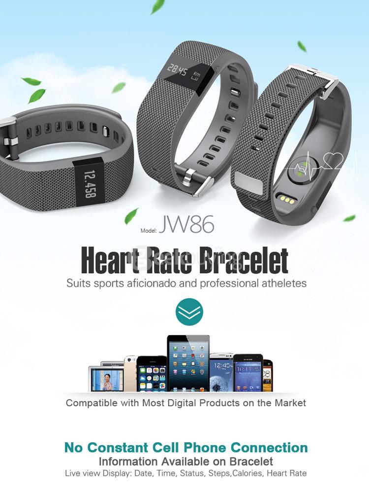 JW86 Bluetooth 4.0 Smart Bracelet Heart Rate Smartband IP65 Fitness Tracker Pedometer Sleep Monitor Call Reminder Alarm Clock - Black