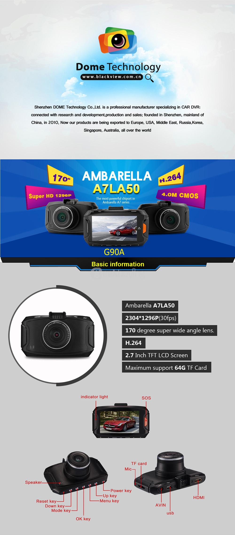 Blackview G90A 2.7inch LCD Ambarella A7LA50 5.0MP Full HD 1080P 170 Degree Wide-angle Lens Car DVR Dashcam HDR G-Sensor