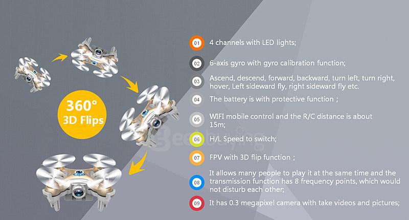 Cheerson CX-10W CX10W Mini Wifi FPV 0.3MP Camera LED 3D Flip 2.4G 4CH 6 Axis RC Quadcopter BNF - Light Gra