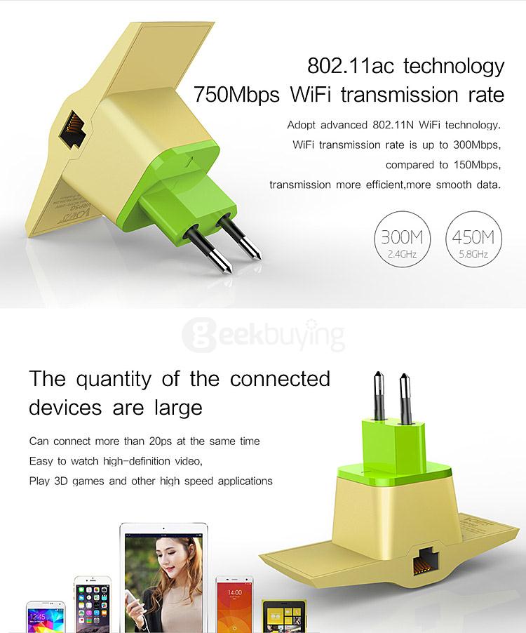 Vonets VRP5G WiFi Signal Amplifier 750Mbps 2.4GHz/5GHz Dual Band 802.11AC Repeater - EU PLUG