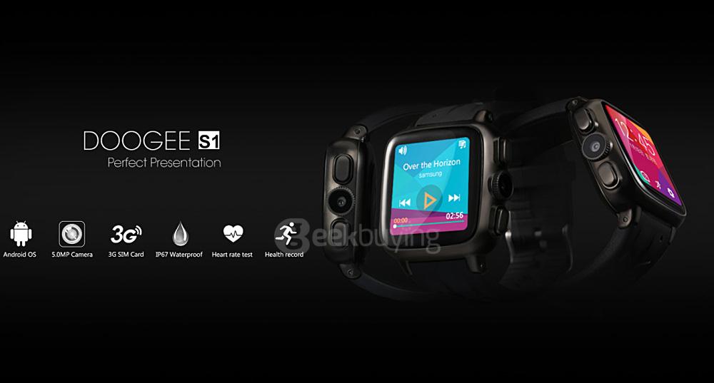 DOOGEE S1 1.54inch IP67 Android 4.4 3G Smartwatch Phone MTK6572 Dual Core GPS Heart Rate Monitor WiFi 5.0MP - Black