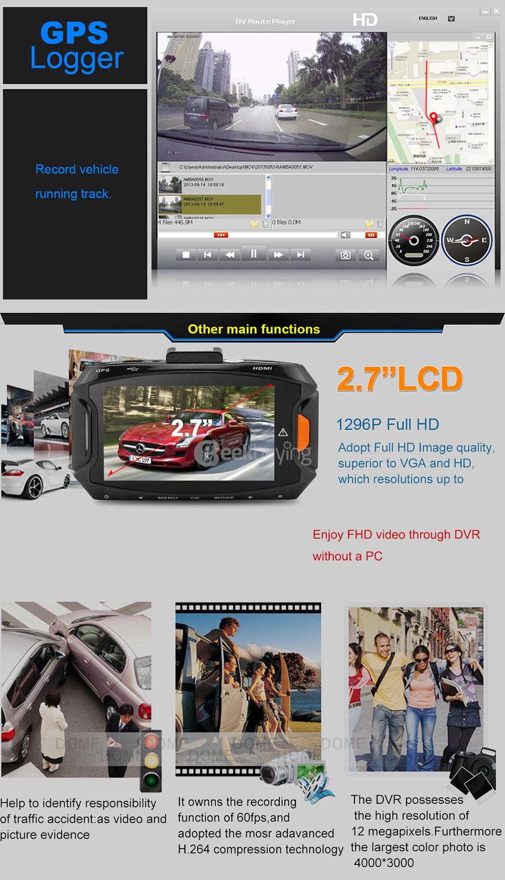 GS90A 2.7inch LCD Ambarella A7LA50 5.0MP Full HD 1080P 170 Degree Wide-angle Lens Car DVR Dashcam HDR G-Sensor GPS