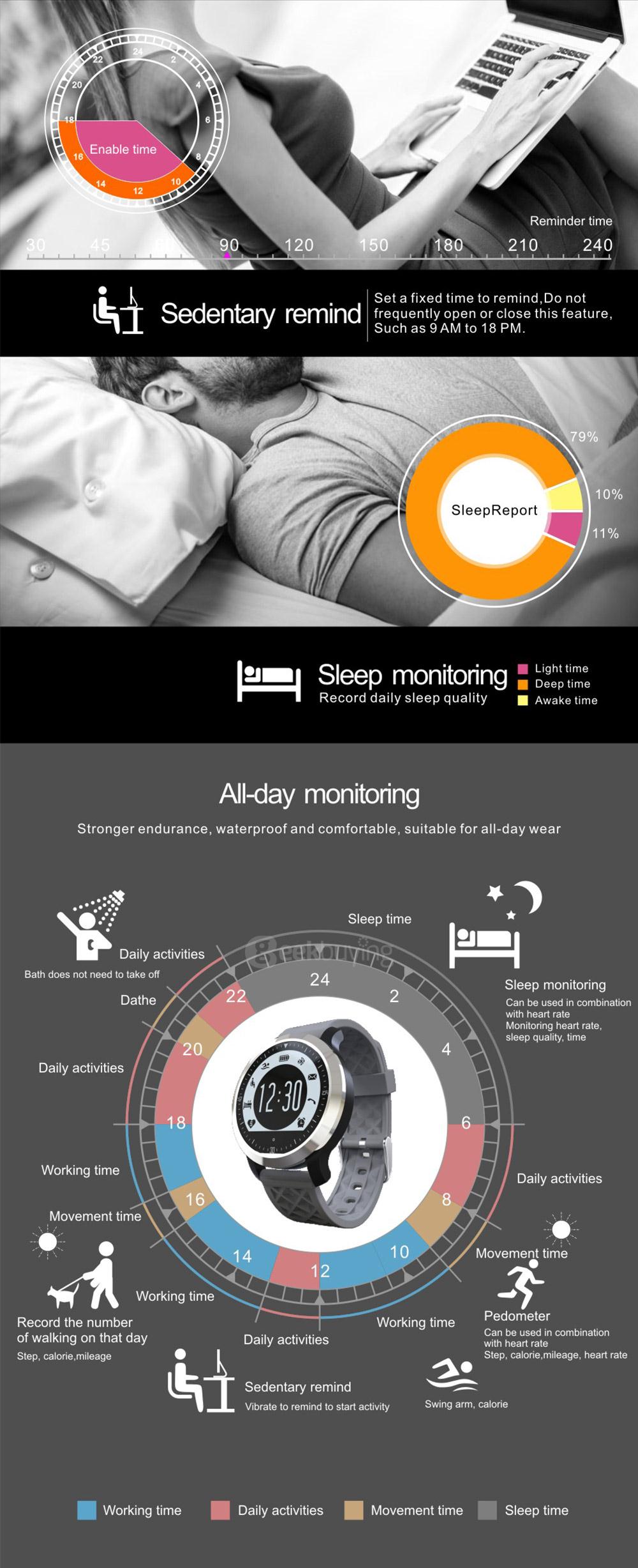 Makibes F69 Sports Smart Watch IP68 Heart Rate Fitness Tracker Sleep Monitor Pedometer Call SMS Reminder Swimming Watch - Black