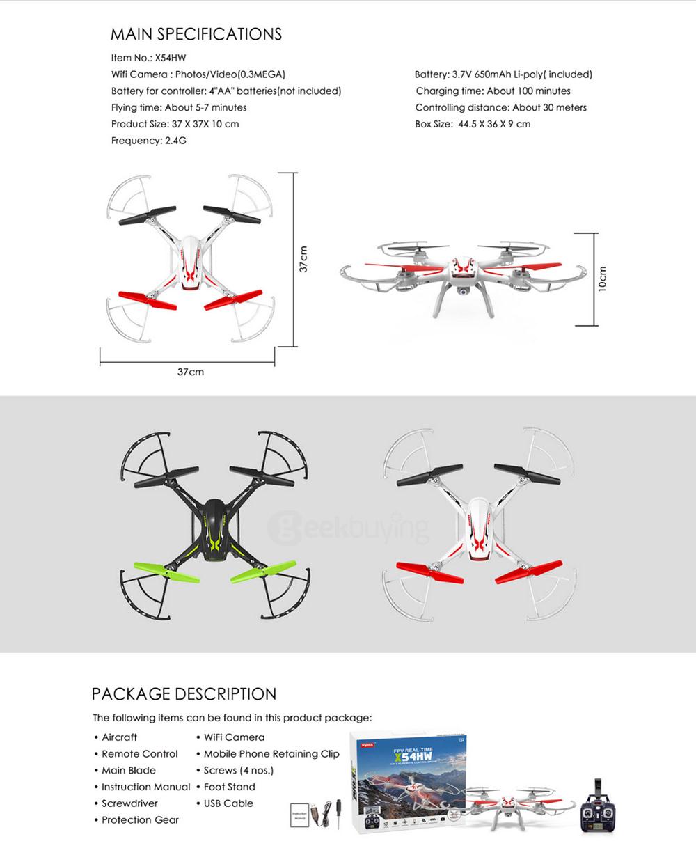 Syma X54HW FPV 720P HD Camera Altitude Hold 2.4G 4CH 6Axis RC Quadcopter - Black