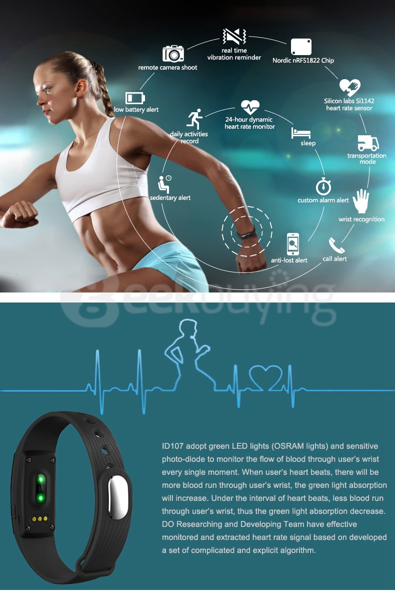 Makibes ID107 Smart Bracelet BT4.0 Heart Rate Monitor Smartband Pulse Sports Fitness Tracker for Android iOS - Blue