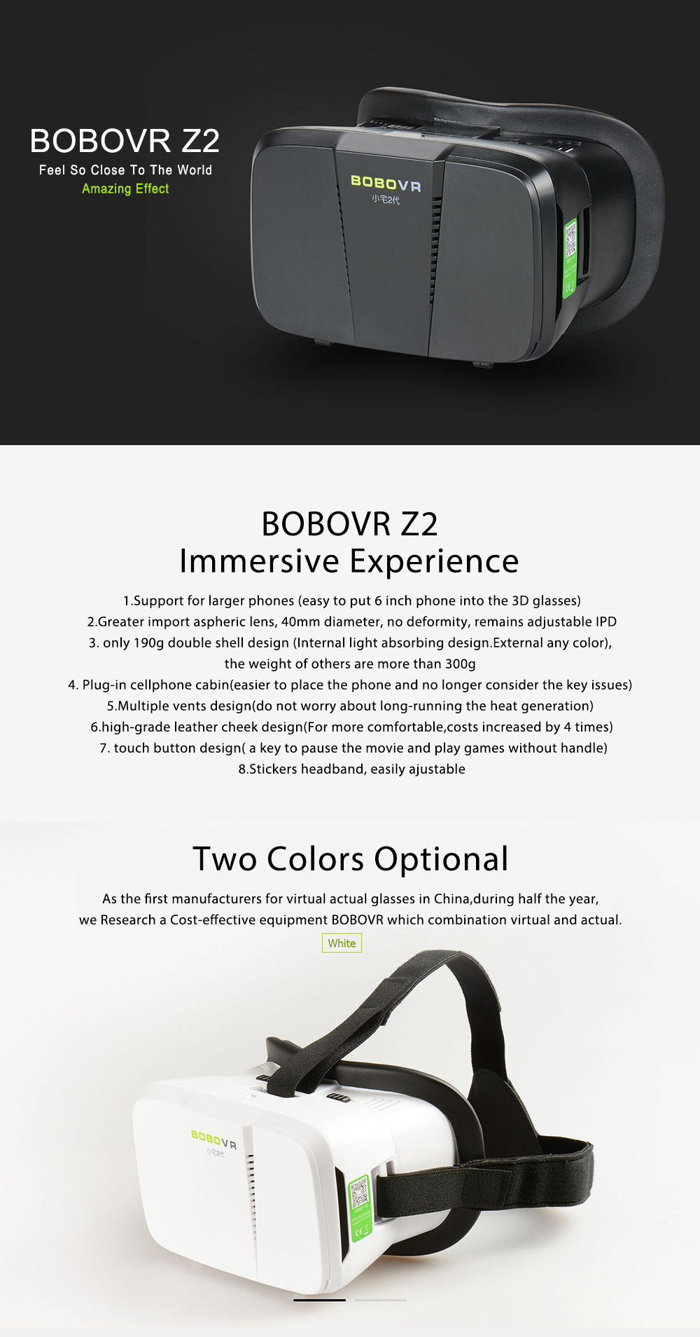 Xiaozhai II BoboVR Z2 3D VR Headset FOV85 Head-Mounted 3D Video Viewing Headset Adjustable IPD for 4.0-6.0 inches Smartphones - Black