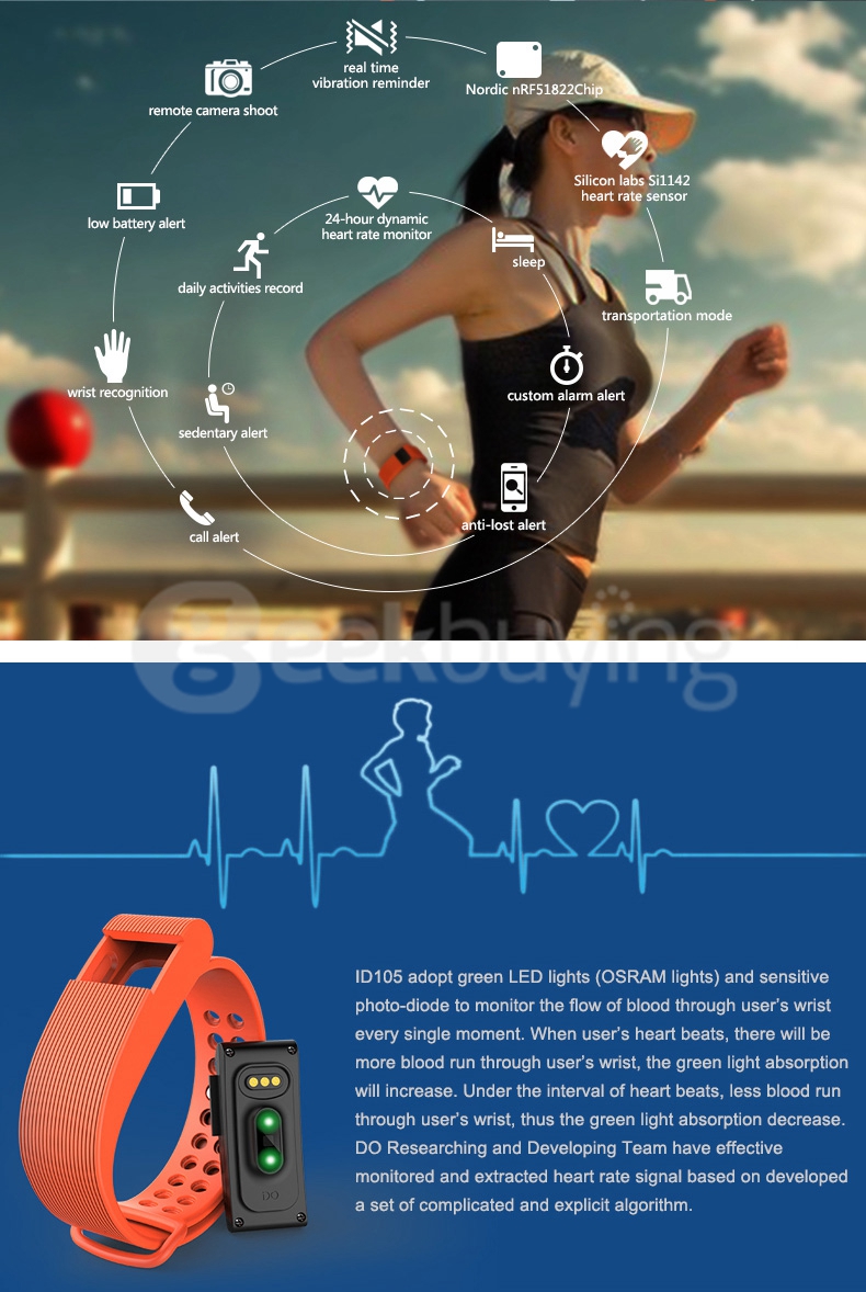 Makibes ID105 Smart Bracelet BT4.0 Heart Rate Monitor Smartband Pulse Sports Fitness Tracker for Android iOS - Orange