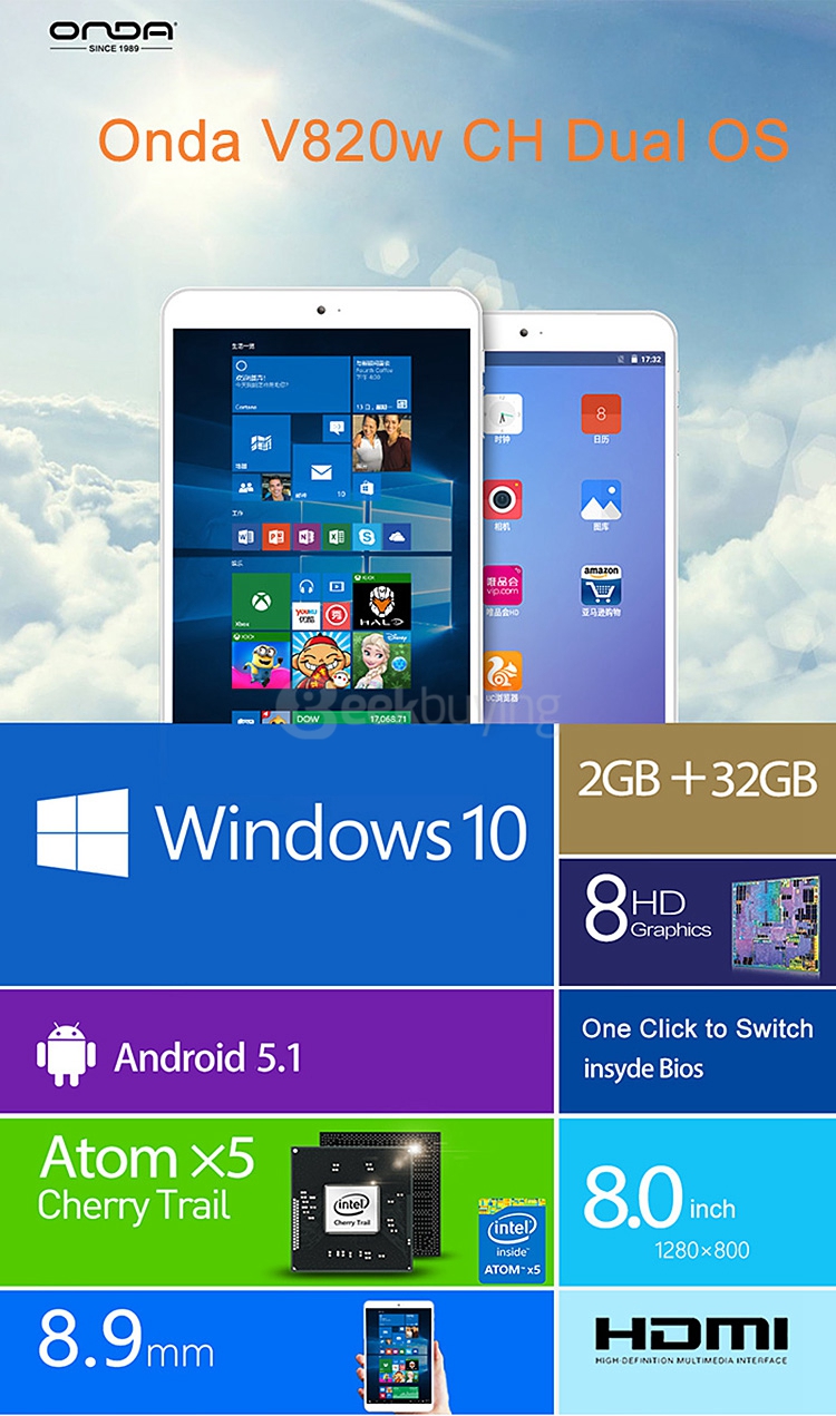 ONDA V820W CH Dual OS Windows10 + Android 5.1 2GB/32GB 8