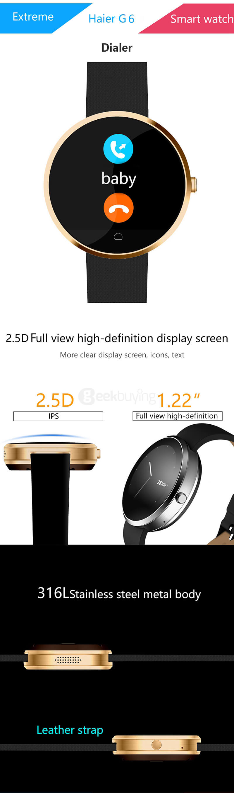 Haier G6 Bluetooth 4.0 Smart Watch MTK2502C Heart Rate Monitor Fitness Tracker Remote Camera 1.22