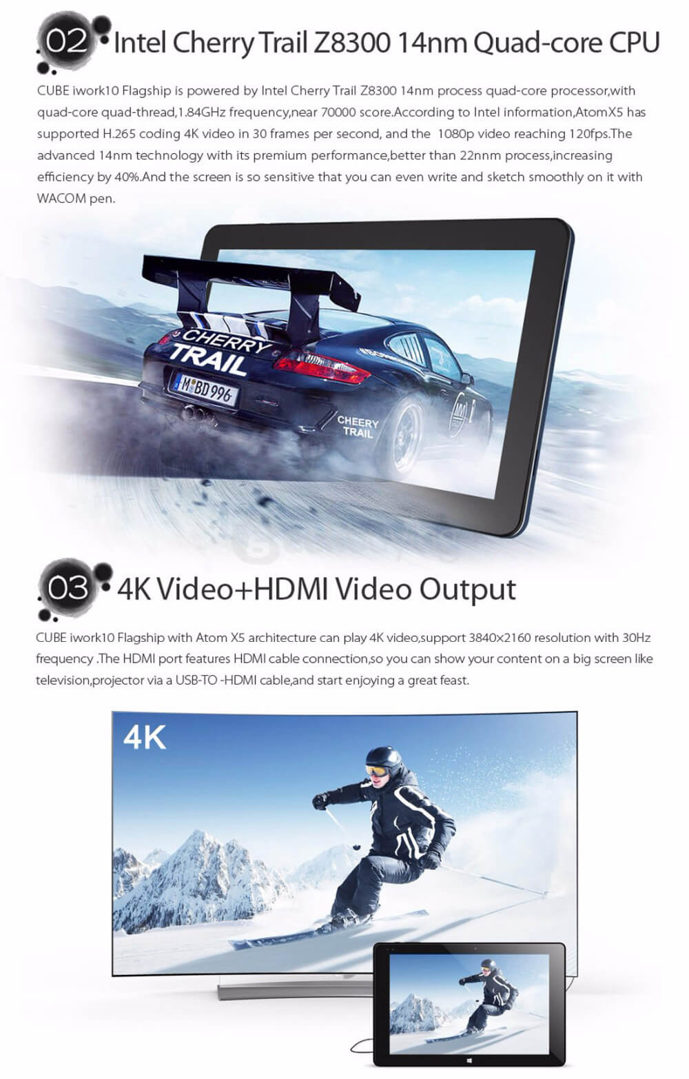 Cube iWork10 Flagship 10.1 inch Intel Cherry Trail Z8300 Dual OS Windows 10 + Android 5.1 4GB/64GB 2in1 Ultrabook Tablet Quad Core 1.84GHz IPS 1920*1200 - Deep Blue
