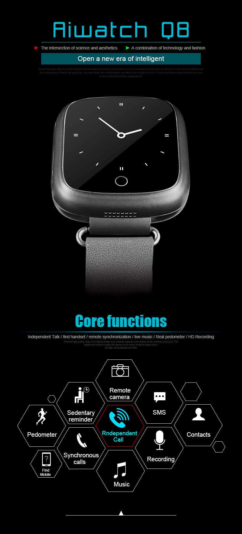 Aiwatch Q8 Smart Watch Phone MTK6261 Bluetooth GSM SIM Card Sleep Monitor Fitness Tracker Anti-lost With 1.44