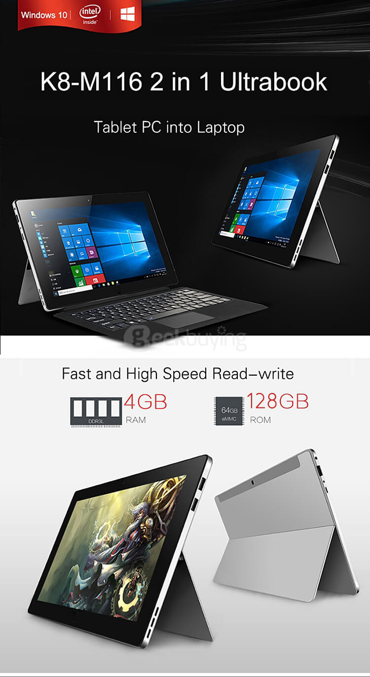 K8-M116 2in1 Ultrabook Tablet PC 11.6 inch Windows10 4GB/128GB Intel Cherry Trail Z8300 Quad Core 1.84GHz IPS 1920*1080 HDMI - Black