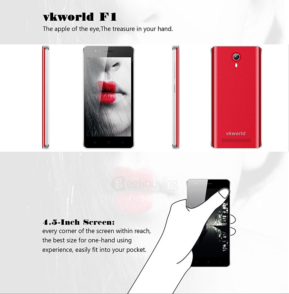 VKworld F1 4.5inch Android 5.1 Smartphone MT6580 Quad Core 1.3GHz 1GB RAM 8GB ROM 3G GPS Dual Camera - Black