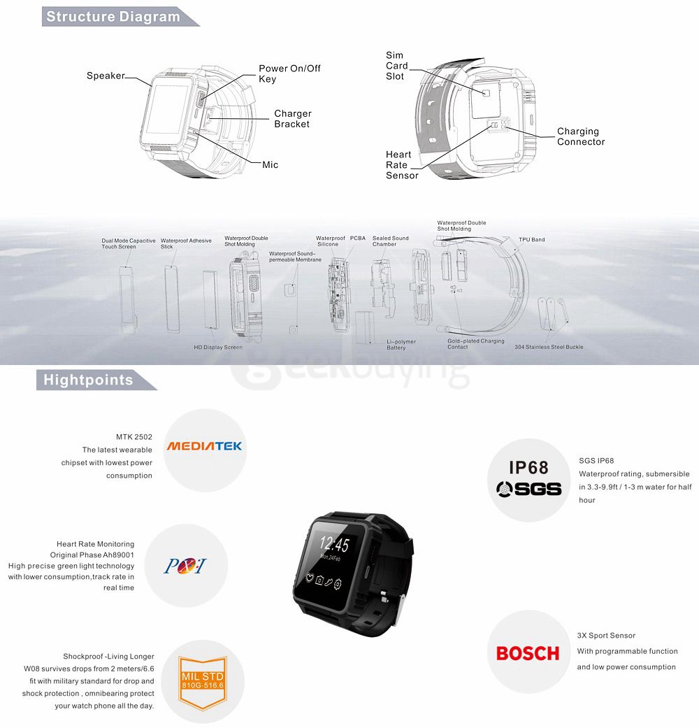 SOCOOLE W08 Smart Watch Phone MTK2502C IP68 Rugged GSM Bluetooth 4.0+3.0 Smartwatch Heart Rate Monitor Siri Fitness Tracker - Blue