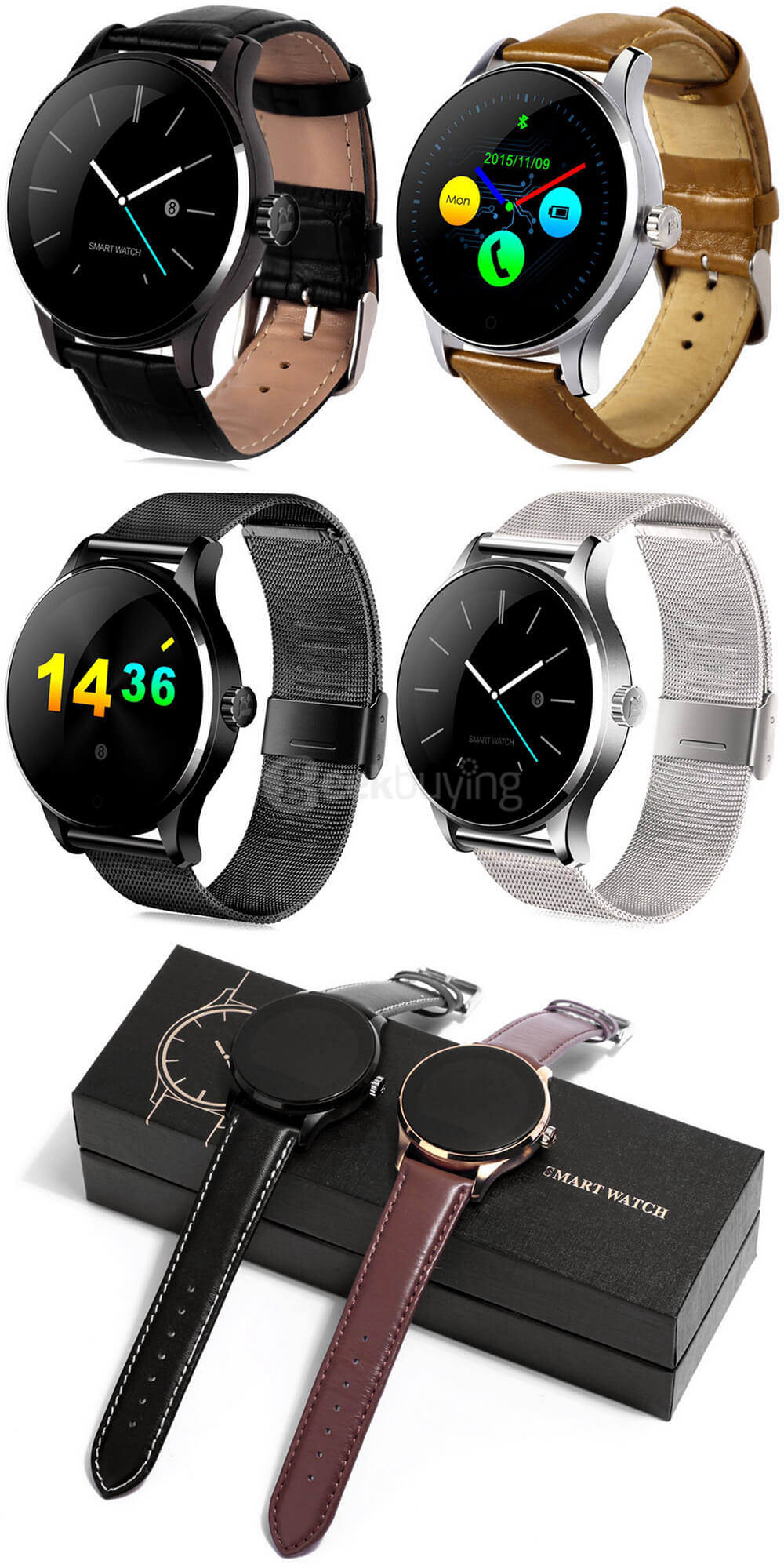 Makibes K88H Smart Bluetooth Watch Heart Rate Monitor Smartwatch MTK2502 Siri Function Gesture Control For iOS Andriod (Stainless Steel Band) - Black