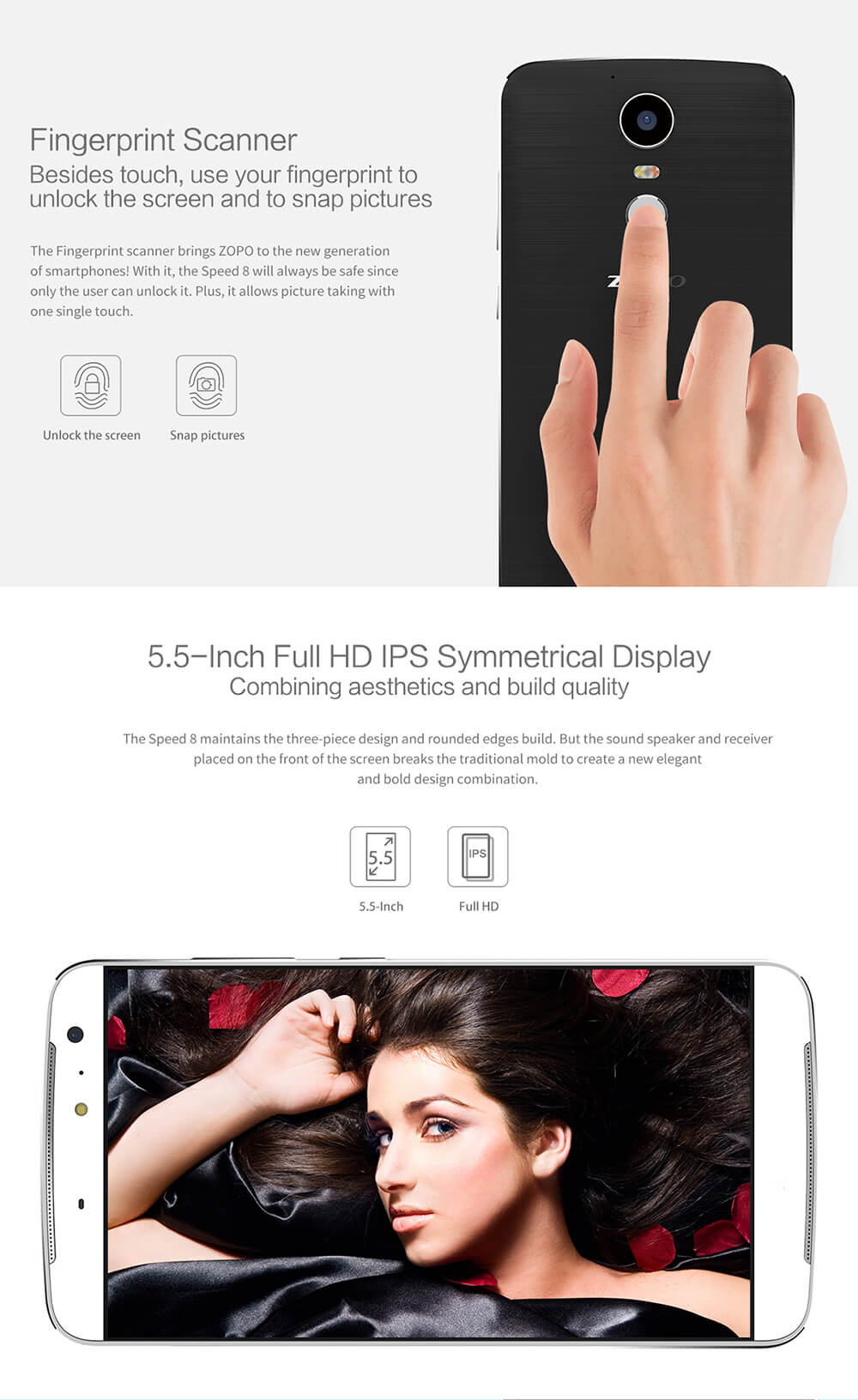ZOPO Speed 8(ZP955) 5.5-Inch Helio X20 MT6797 Deca Core 4GB+32GB Smartphone Android 6.0/M 8.0MP+21.0MP NFC Type-C Touch ID - White