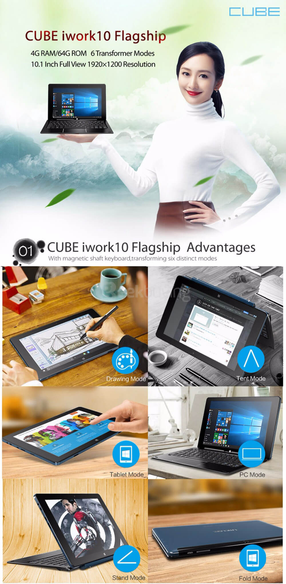 Cube iWork10 Flagship 10.1 inch Intel Cherry Trail Z8300 Dual OS Windows 10 + Android 5.1 4GB/64GB 2in1 Ultrabook Tablet Quad Core 1.84GHz IPS 1920*1200 - Deep Blue