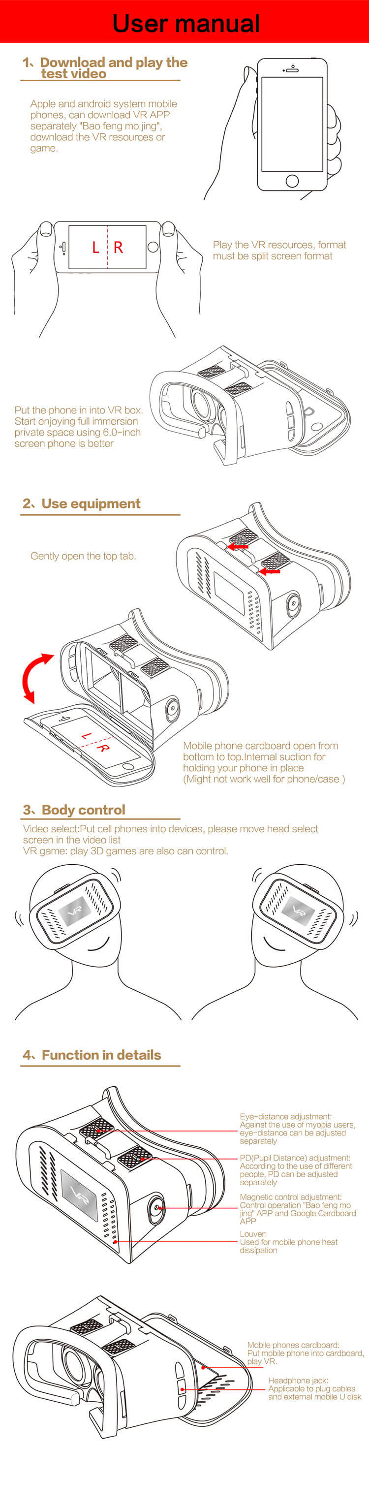 V11 3D Immersive VR Virtual Reality Headset F0V98 IPD Focus Adjustable Magnet Control for 4.0 - 6.0inch Smartphones - Black