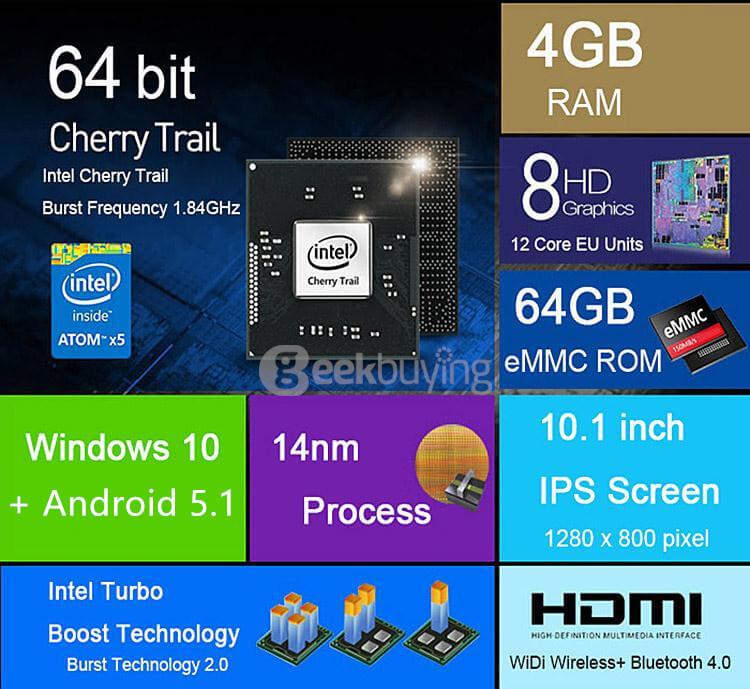 Onda oBook 10 2in1 Tablet Intel Cherry Trail Z8300 10.1 inch Windows10 + Android 5.1 4GB/64GB Ultrabook Quad Core 1.84GHz IPS 1280*800 - Gold