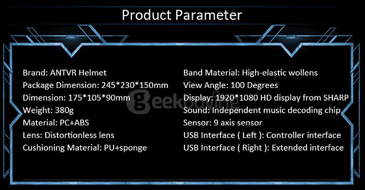 ANTVR Kit 3D Immersive Virtual Reality VR Headset for PC 1080P FHD VR Helmet 100FOV Distortion Free - Black