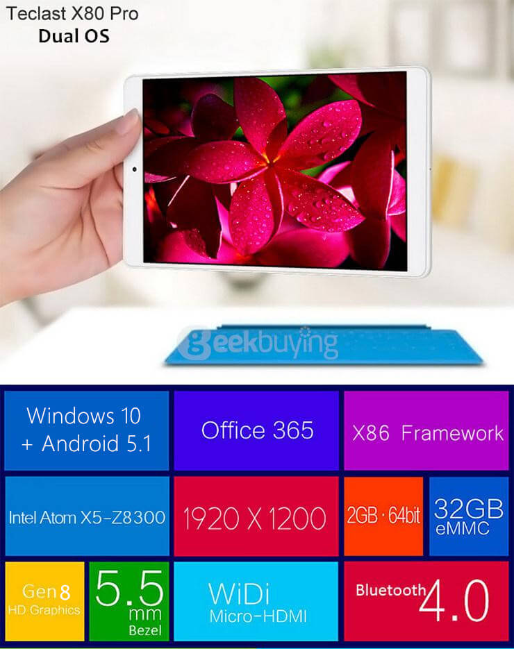 Teclast X80 Pro Dual OS Windows10 + Android5.1 2GB/32GB 8 inch Tablet PC Intel Cherry Trail Z8300 Quad Core 1.84GHz IPS 1920*1200 HDMI - White