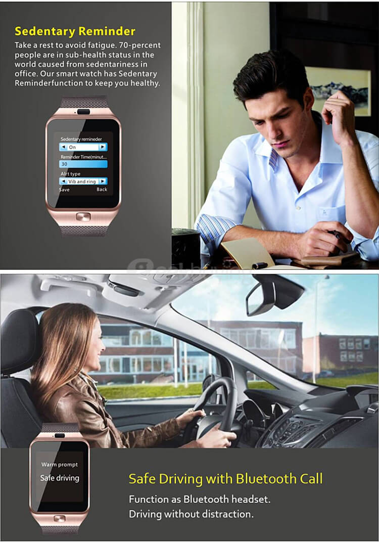 DZ09 Bluetooth 3.0 Smart Watch Phone MTK6260A Micro SIM Card with Camera Touch Screen Fitness Tracker for Android iOS - Gold