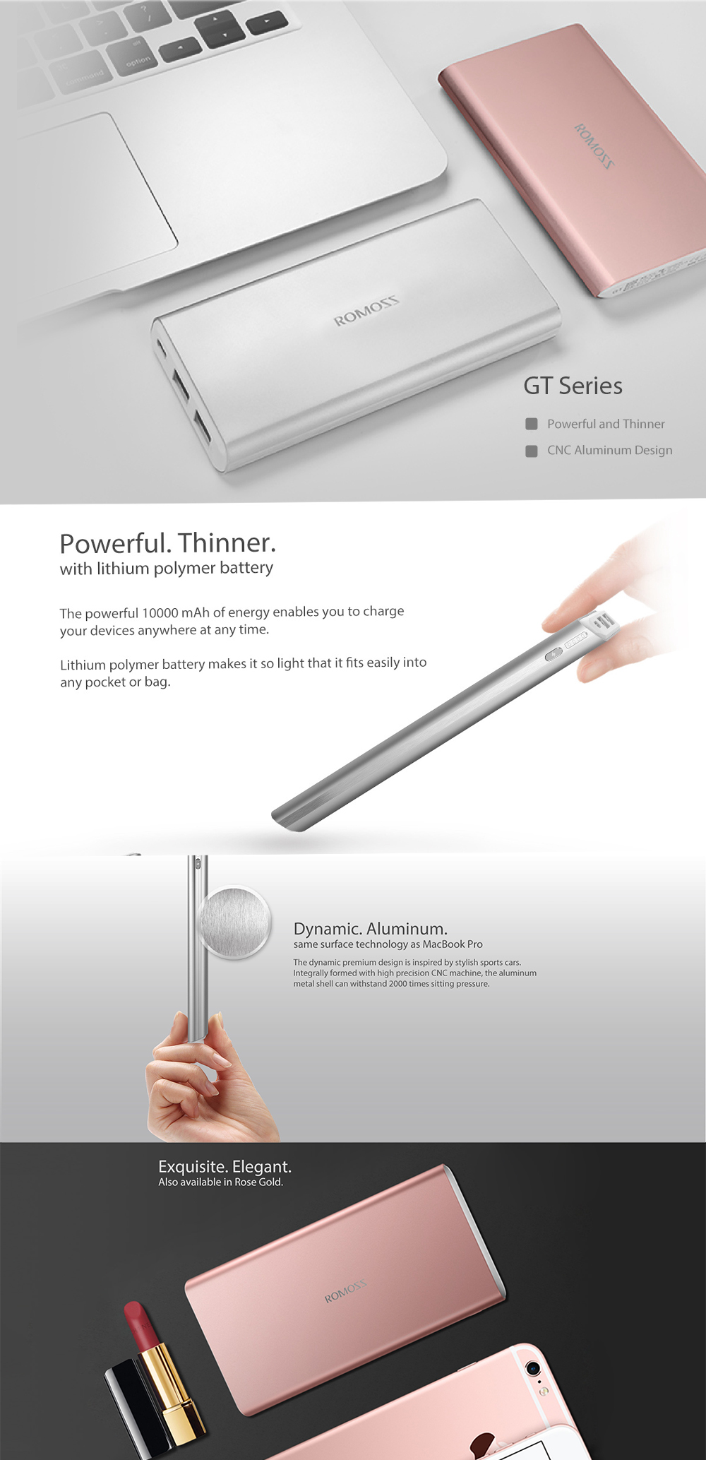 Original ROMOSS GT1 10000mAh Dual USB Li-polymer Power Bank Mobile Power Charger - Rose Gold