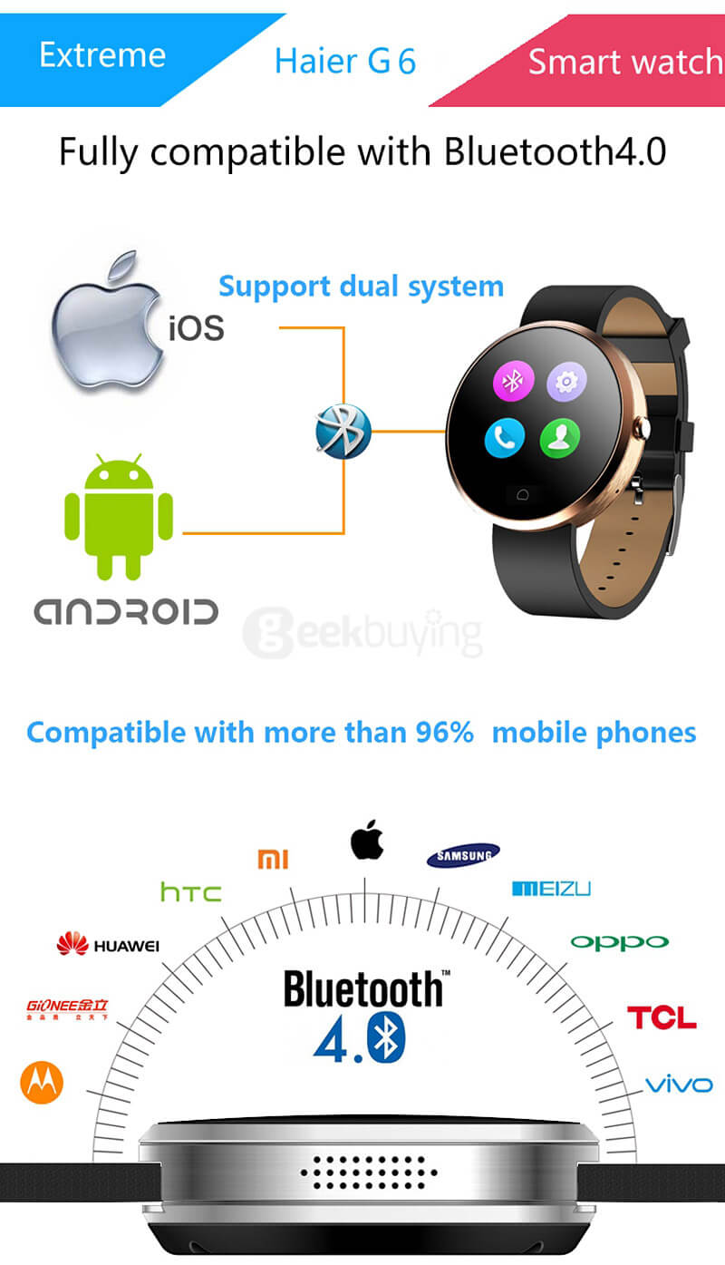 Haier G6 Bluetooth 4.0 Smart Watch MTK2502C Heart Rate Monitor Fitness Tracker Remote Camera 1.22
