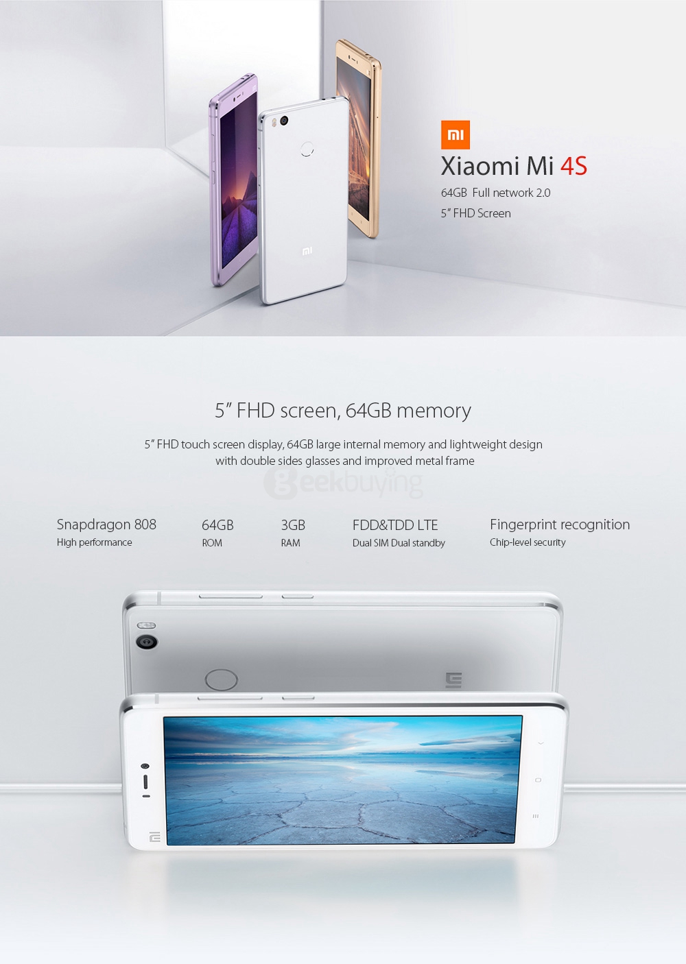 Xiaomi Mi4S /Mi 4S 4G LTE 5.0inch FHD MIUI 7.2 OS 3GB 64GB Smartphone 64-bit Snapdragon 808 Hexa Core 13.0MP Touch ID Type-C QC2.0 - Purple