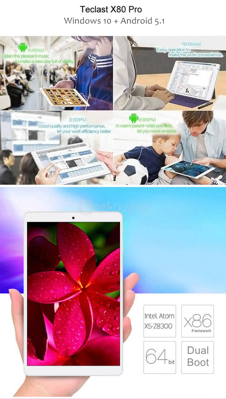 Teclast X80 Pro Dual OS Windows10 + Android5.1 2GB/32GB 8 inch Tablet PC Intel Cherry Trail Z8300 Quad Core 1.84GHz IPS 1920*1200 HDMI - White