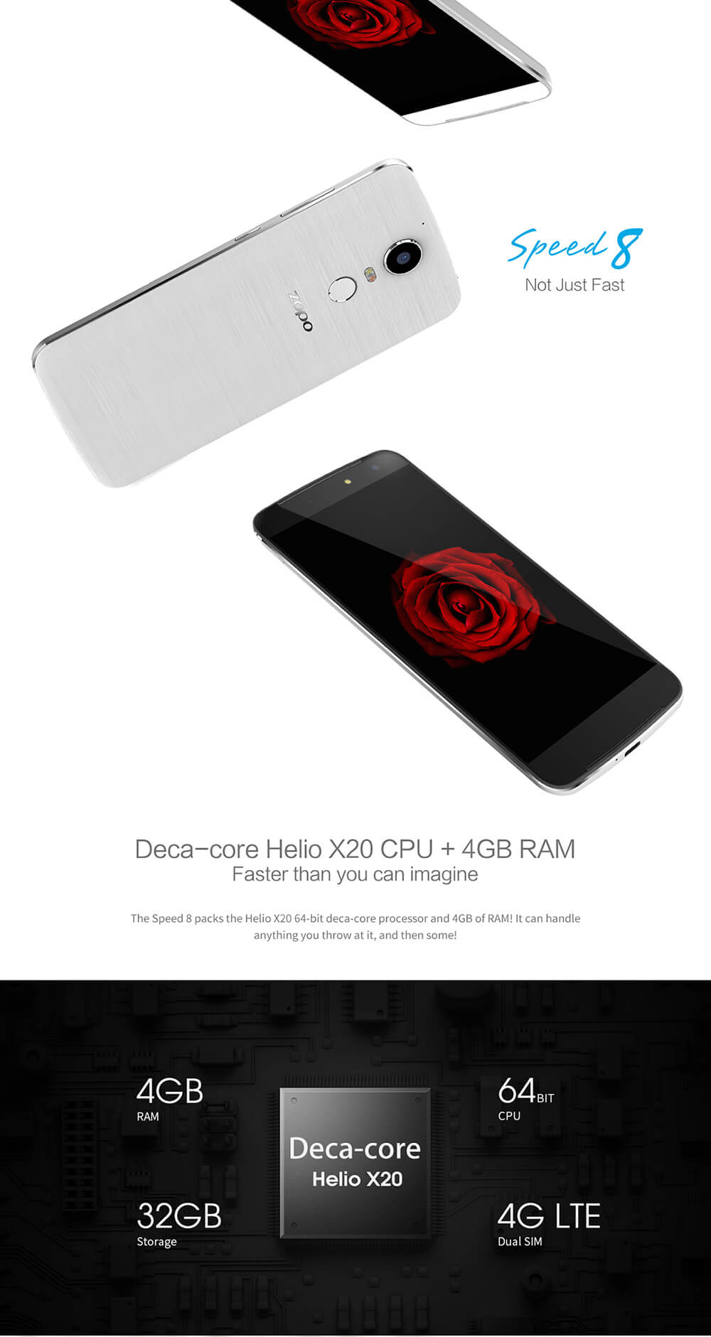 ZOPO Speed 8(ZP955) 5.5-Inch Helio X20 MT6797 Deca Core 4GB+32GB Smartphone Android 6.0/M 8.0MP+21.0MP NFC Type-C Touch ID - White