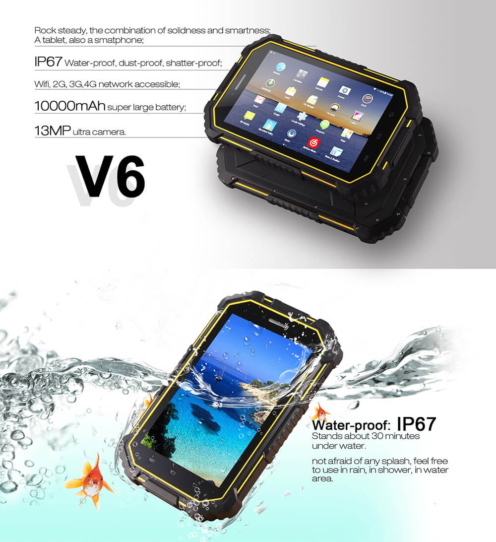 Vkworld V6 4G Phablet 7 inch Android 4.4 2GB RAM 16GB ROM MTK8732VC Quad Core 1.3GHz Dual SIM IPS 1280*800 IP67 Waterproof Rugged Phone - Black