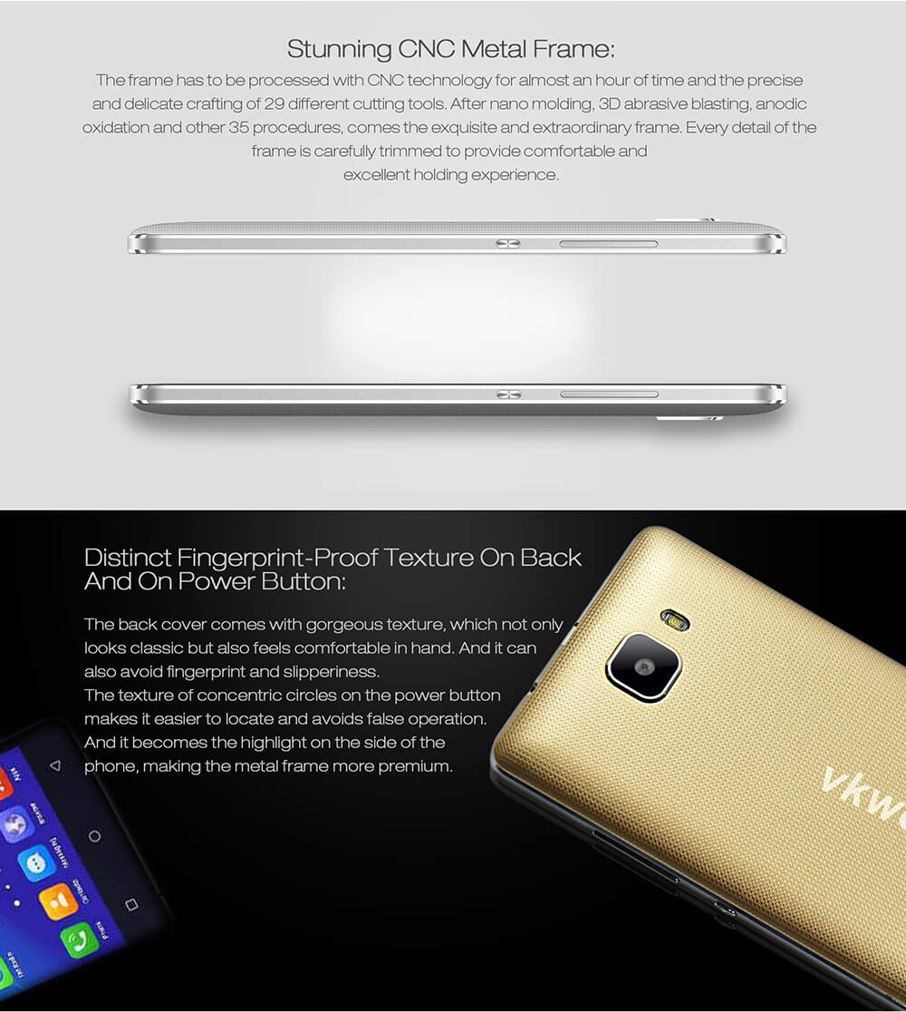 VKworld T3 5.0inch IPS HD Android 5.1 2GB RAM 16GB ROM 4G Smartphone MT6735 Quad Core 13.0MP Cameras Led Notification 2500mAh - Gold