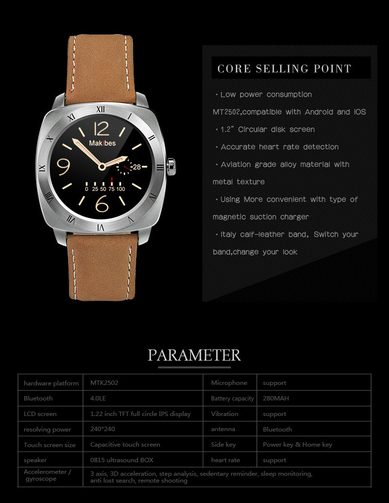 Makibes Wear HR MTK2502C Heart Rate Monitor Smart Watch Bluetooth 4.0 Gesture Control Siri Function For Android iOS - Silver